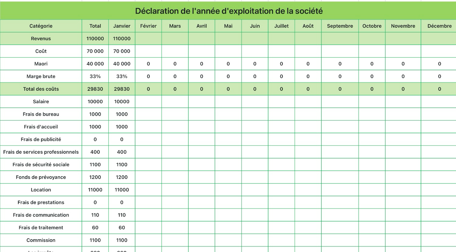 Déclaration de l'année d'exploitation de la société